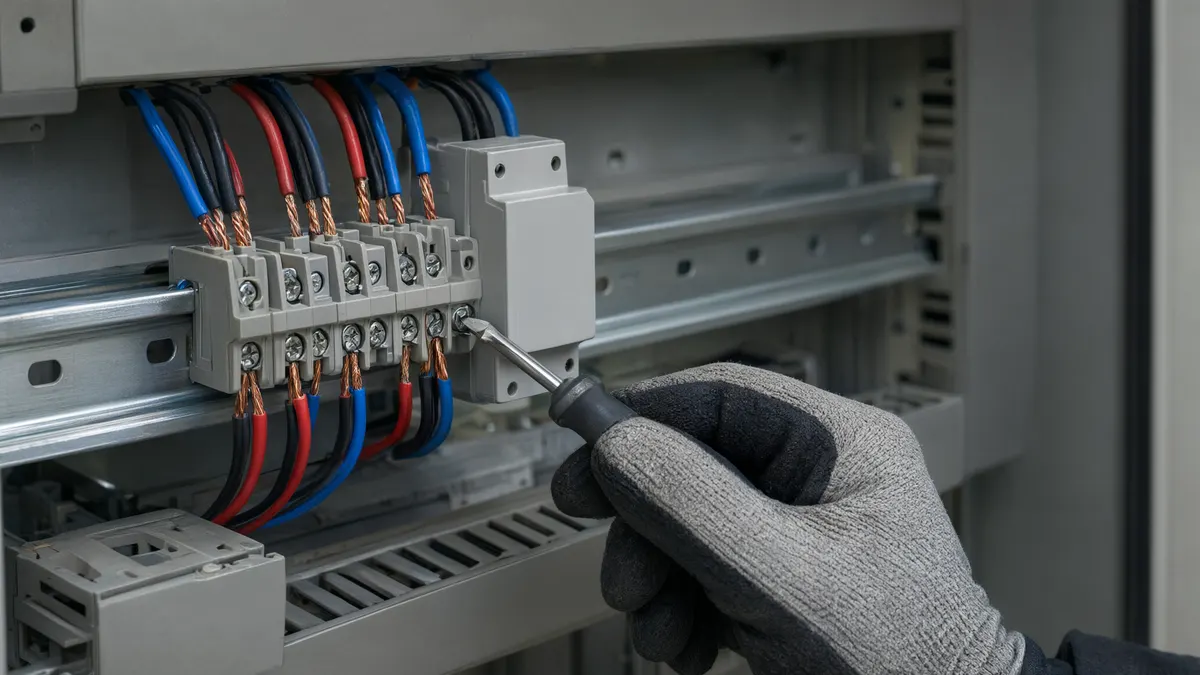 Technician tightening a screw terminal on a 4-20 mA temperature transmitter inside a control panel