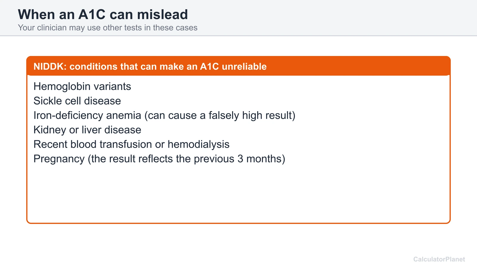 Diagram of conditions that can make an A1C result unreliable, such as sickle cell disease and anemia