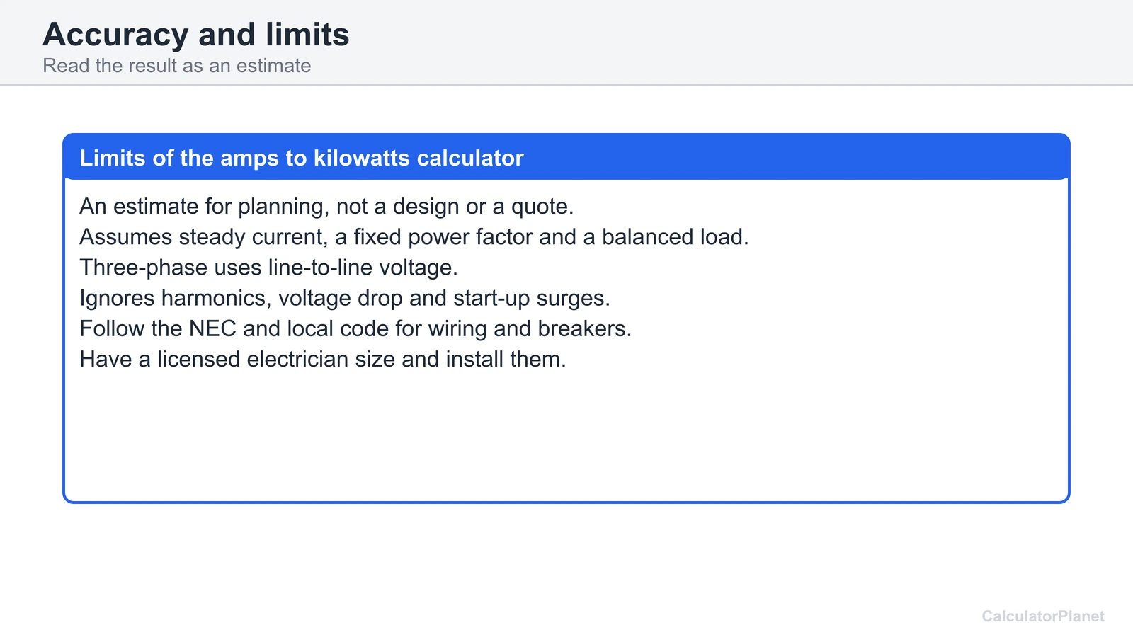 Limits of the amps to kilowatts calculator: planning estimate, follow the NEC and use a licensed electrician