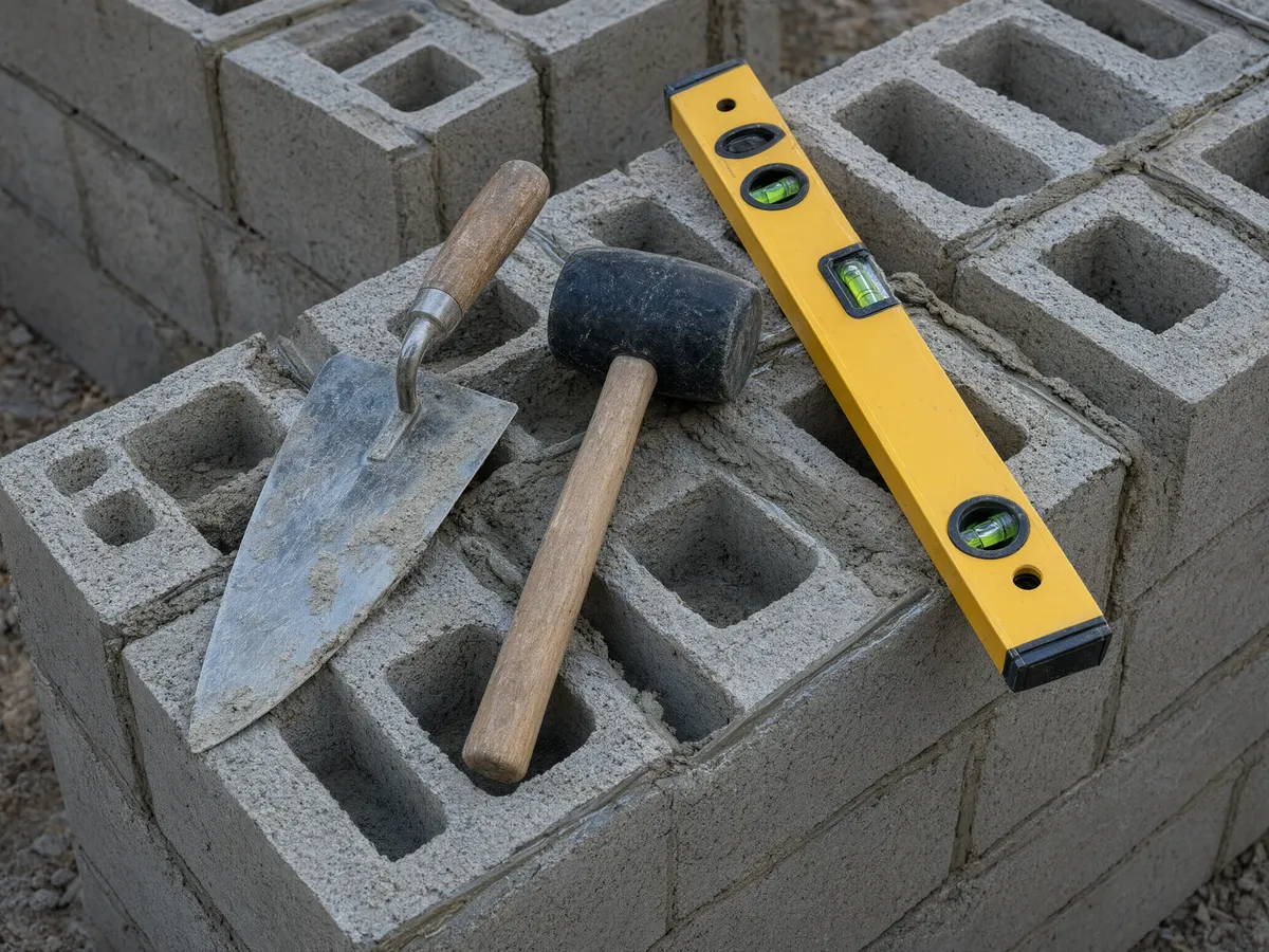 Trowel, rubber mallet and level resting on a freshly laid course of concrete blocks with tooled mortar joints