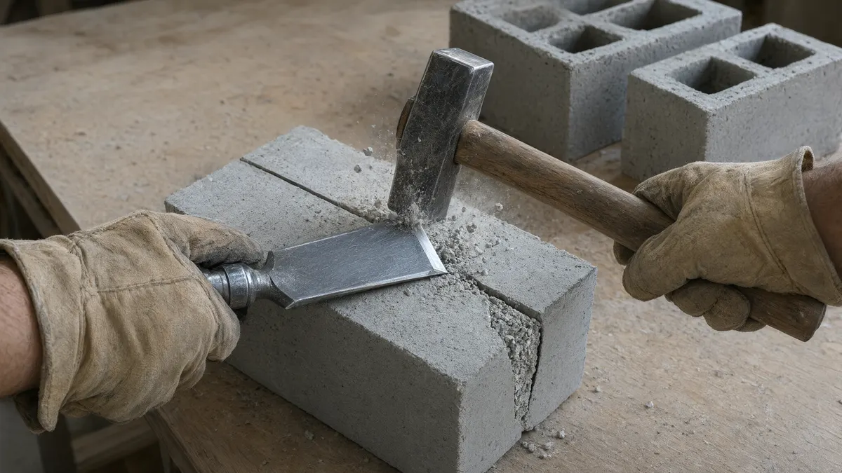 Mason splitting a concrete block with a hammer and masonry chisel on a plywood bench, with whole and half blocks beside it
