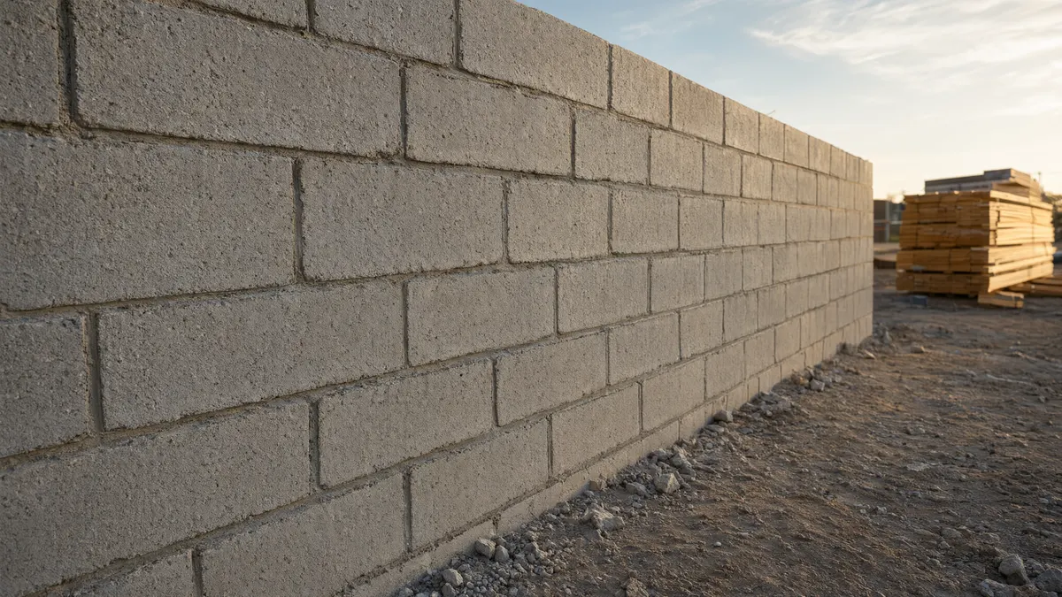 Concrete block foundation wall of a house under construction, laid in even courses at golden hour