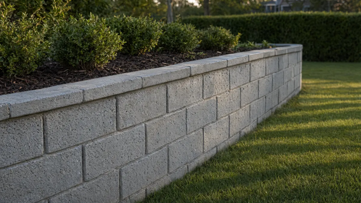 Finished knee-high concrete block garden wall with a flat cap course beside a lawn and planted bed