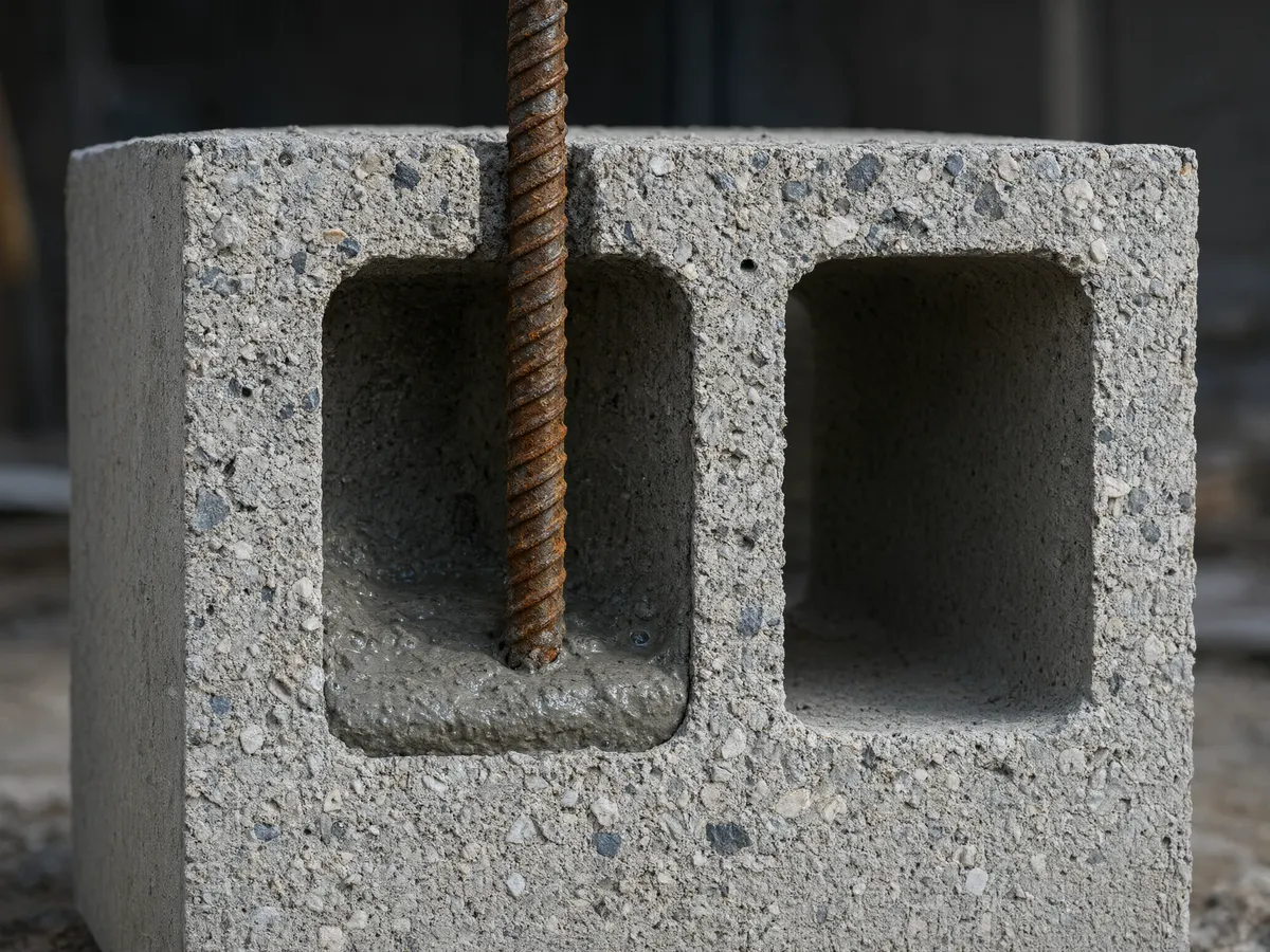 Cutaway concrete block with one core filled with grout around steel rebar and one empty core