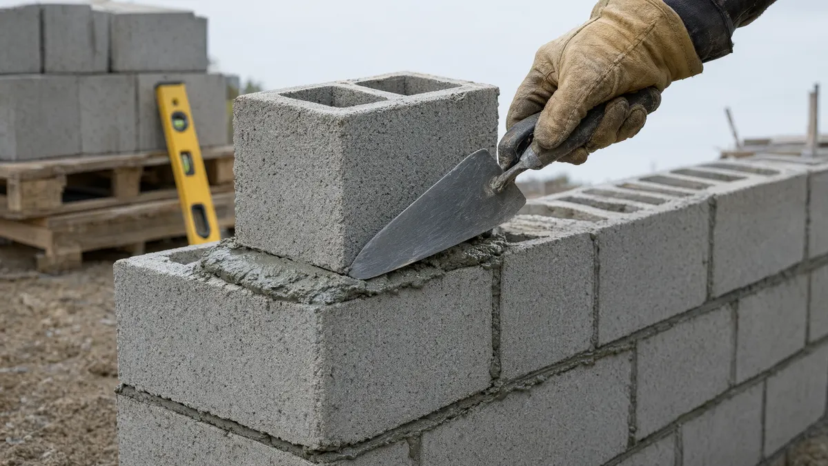 Mason setting a concrete block onto a fresh mortar bed on a block wall with a pointing trowel