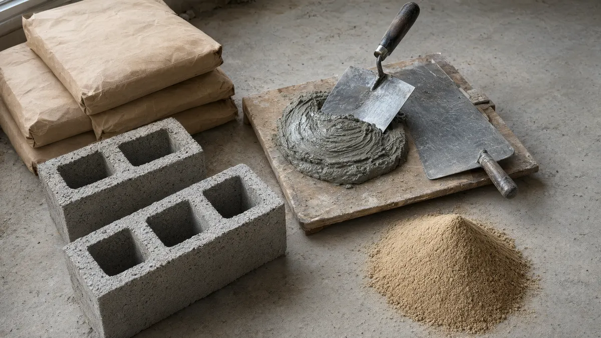 Masonry cement bags, a mortarboard with fresh mortar and a trowel, and a pile of masonry sand beside concrete blocks