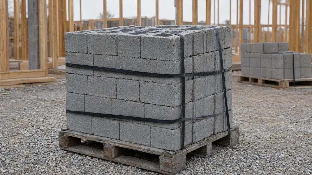 Strapped pallet of gray 8x8x16 concrete blocks on gravel at a residential building site