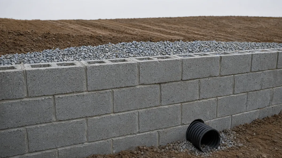 Concrete block retaining wall with gravel backfill behind the top course and a corrugated drain pipe at the base