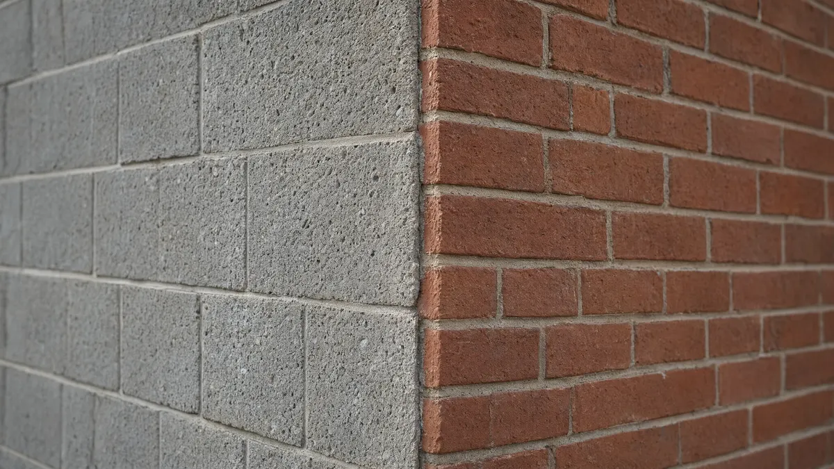 Wall corner where gray concrete block meets red clay brick veneer, both laid in running bond