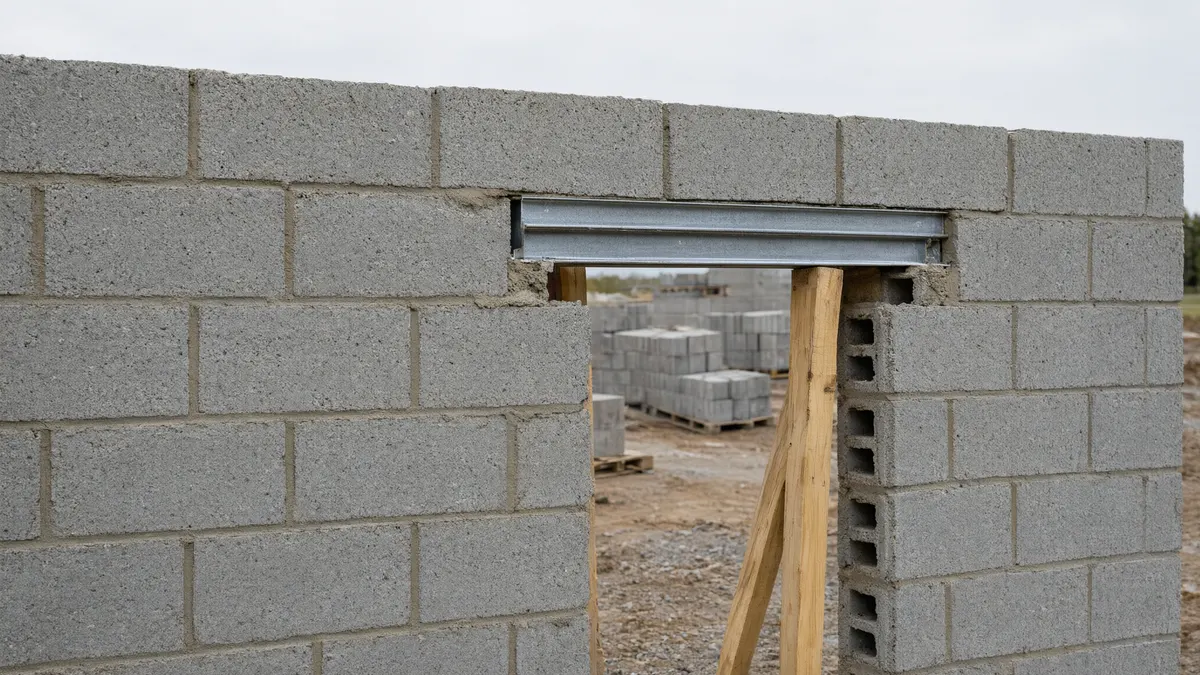 Concrete block wall with a door opening and a steel lintel supported by wooden bracing
