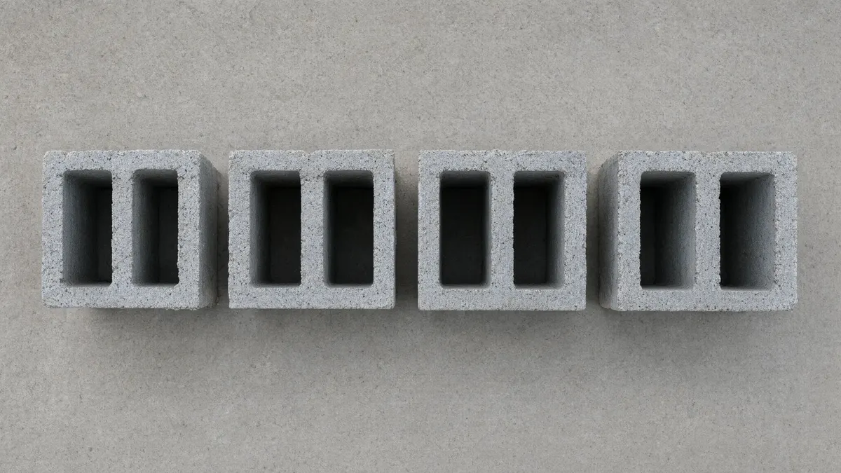 Four gray concrete masonry blocks seen from above, each showing two hollow cores and thick face shells
