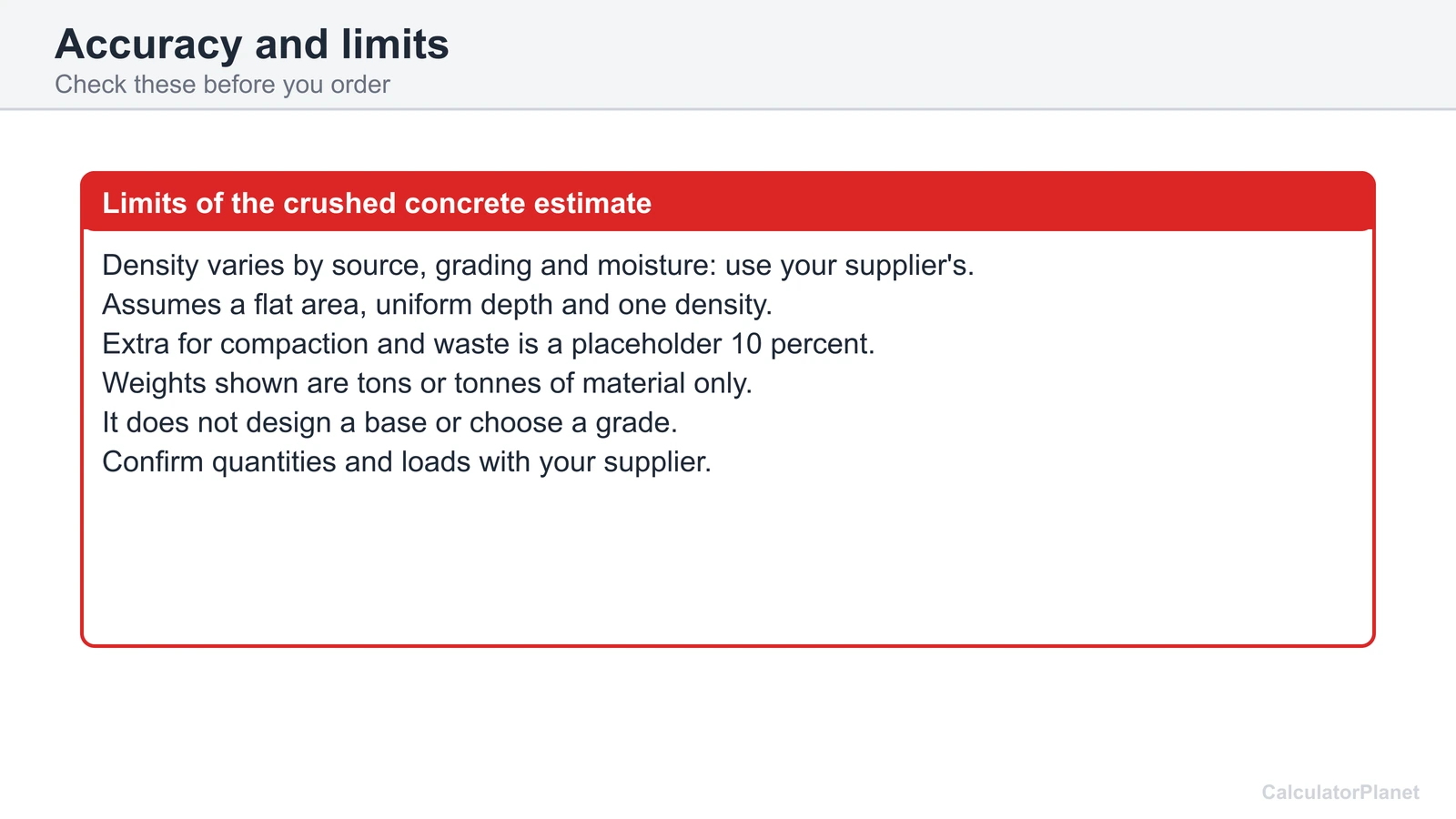 Limits of the crushed concrete calculator: density varies, compaction extra and the need for a design