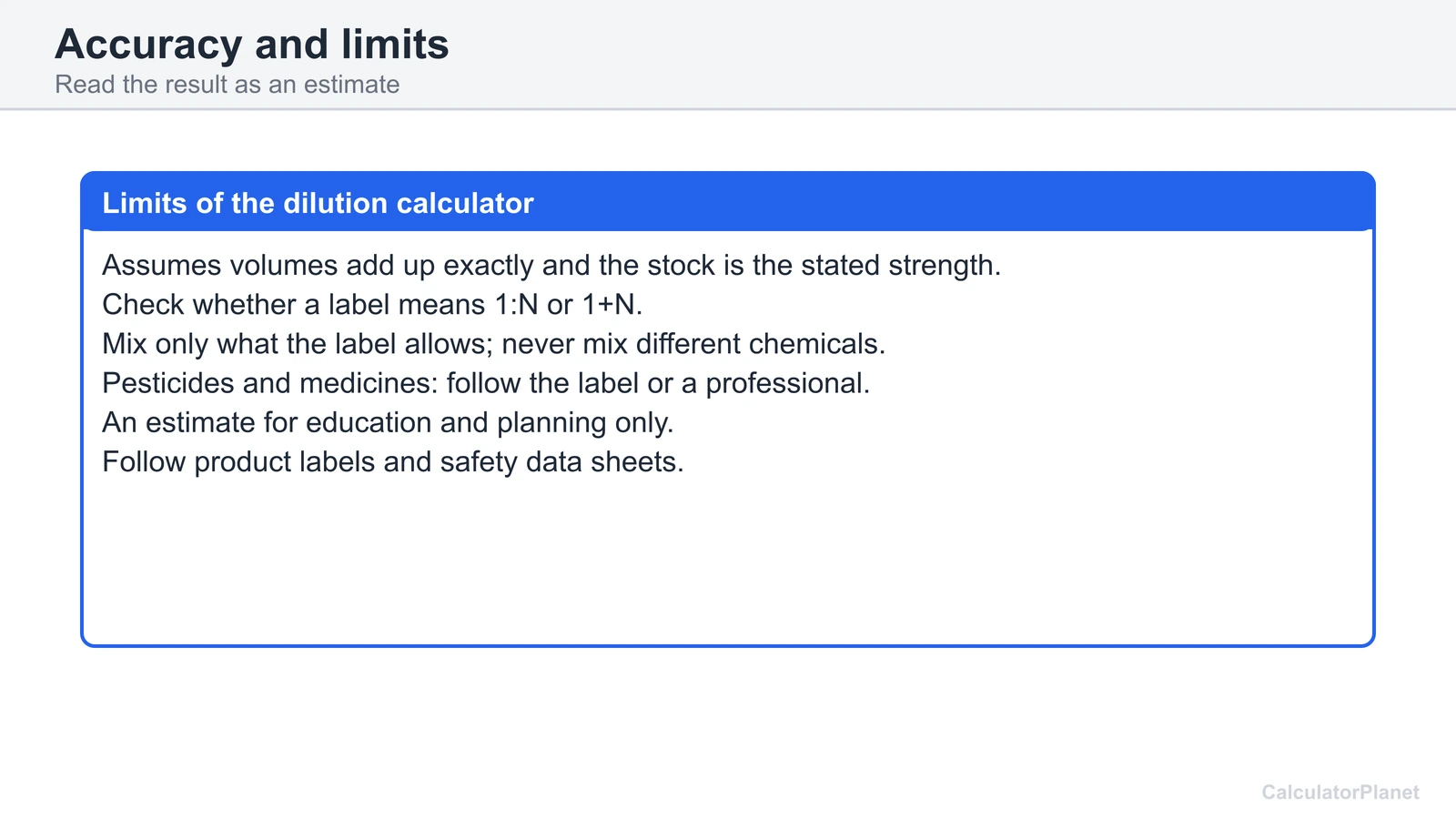 Limits of the dilution ratio calculator: check the notation, follow labels, estimate for planning only