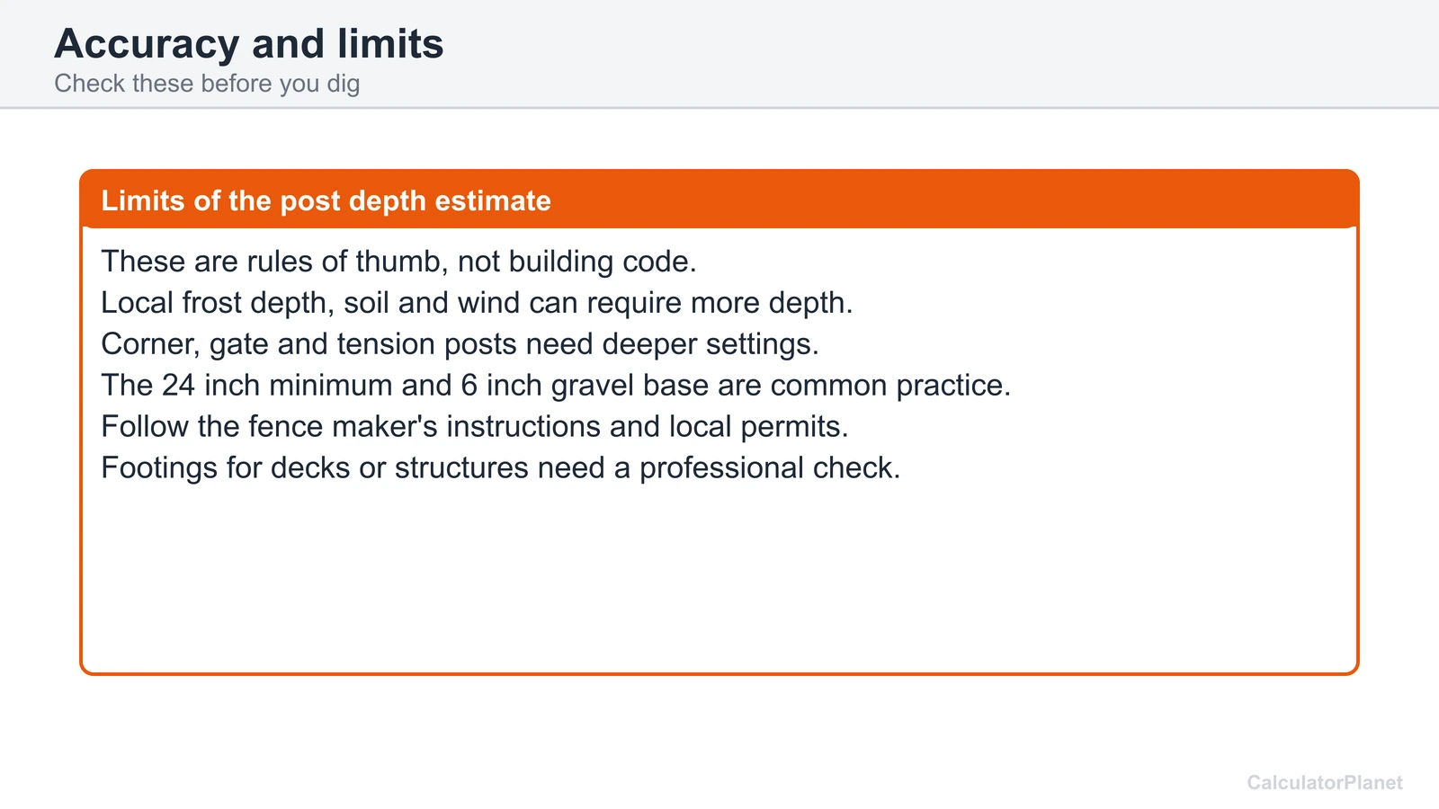 Limits of the fence post depth estimate: rules of thumb, frost depth, soil, local code and professional checks
