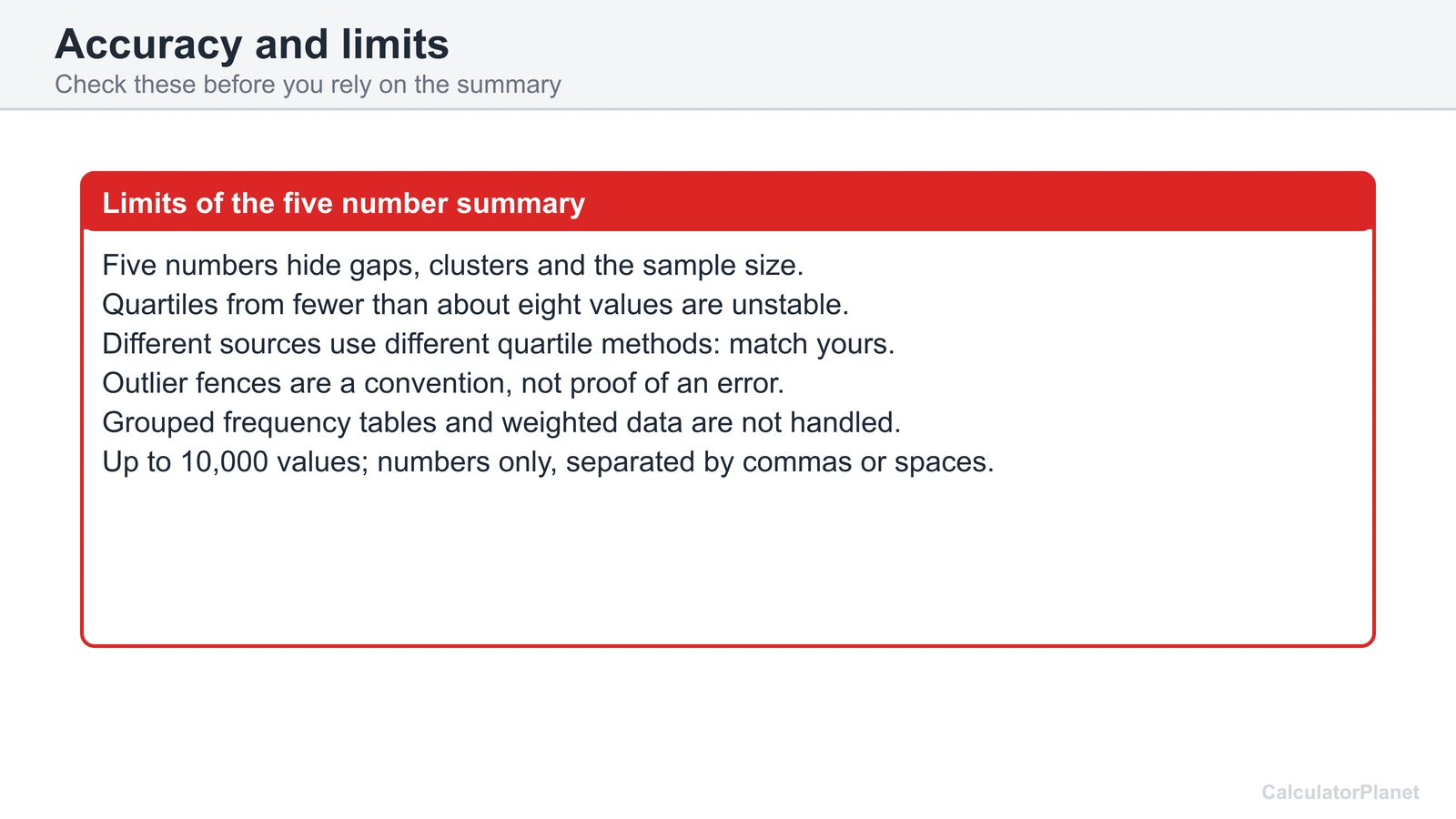Limits of the five number summary: small samples, method differences and outlier fences are conventions