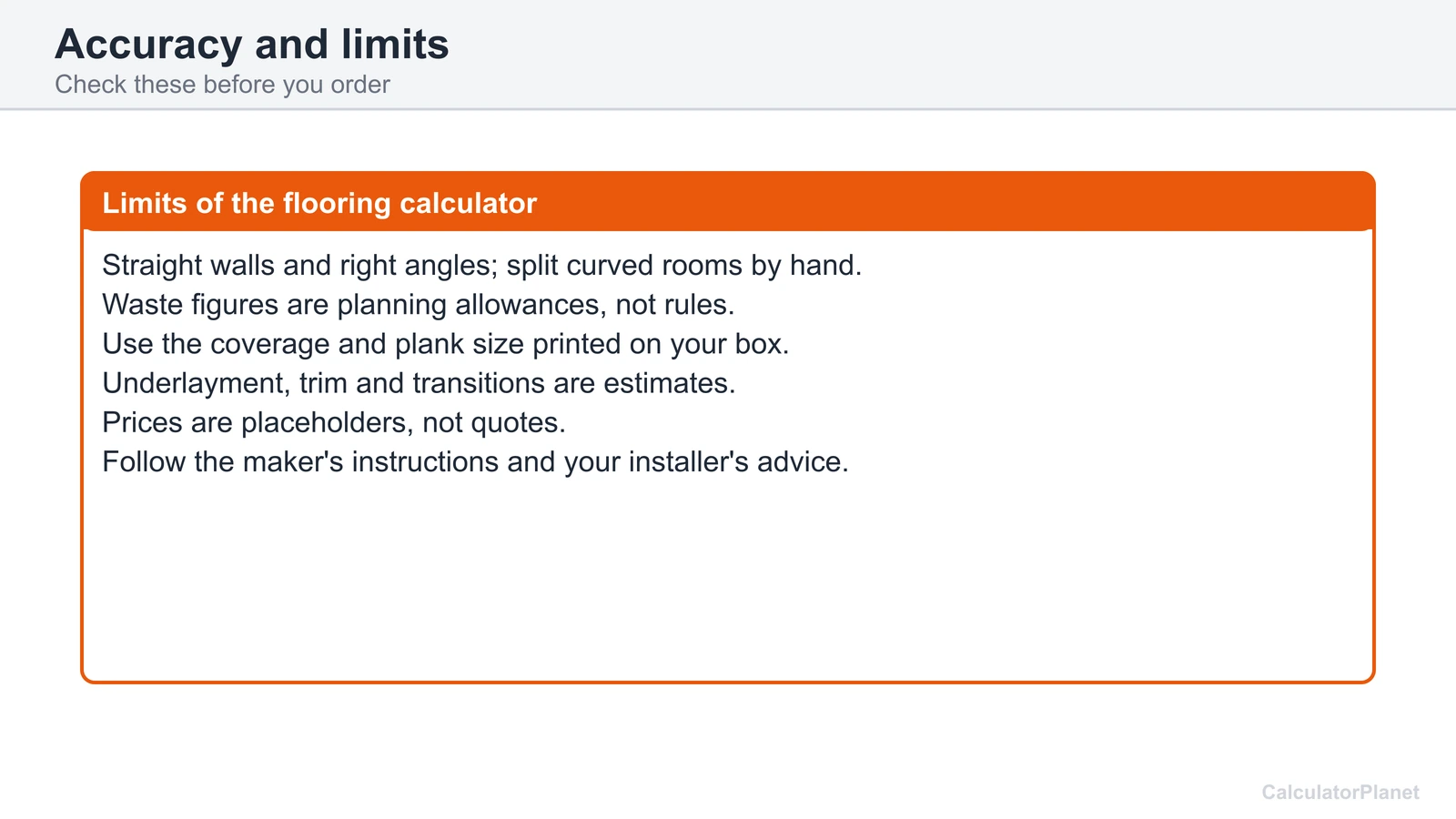 Limits of the flooring calculator: straight walls, planning waste figures, box coverage and placeholder prices