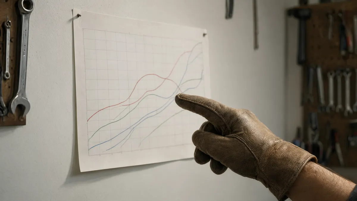 Gloved hand pointing between two curves on a performance chart to read a value by interpolation
