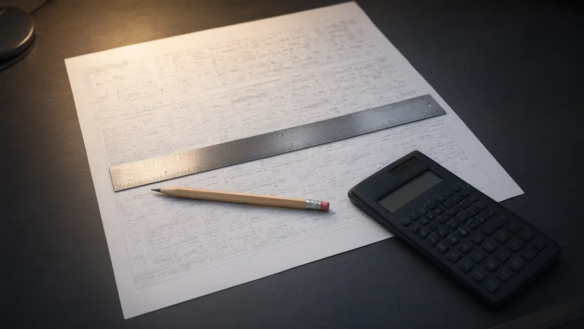 Printed data table with a steel ruler laid across two rows, used to interpolate between values