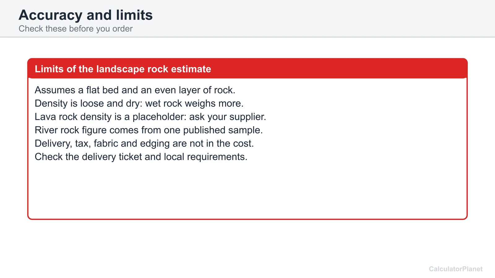 Limits of the landscape rock calculator: loose dry density, placeholder lava figure, flat bed, and the delivery ticket