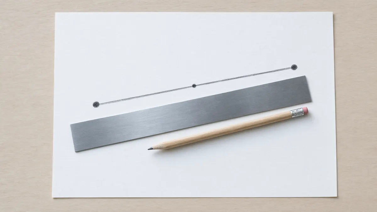 Two dots joined by a pencil line along a ruler with a third point marked between them, showing linear interpolation