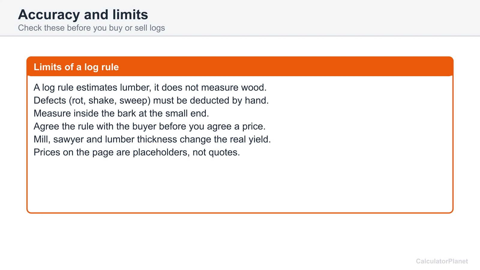 Limits of a log rule: defects, measuring at the small end, agreeing the rule and placeholder prices