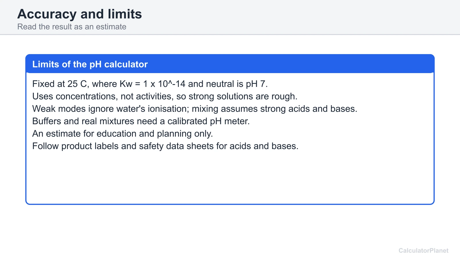 Limits of the pH calculator: 25 C only, concentrations not activities, estimate only, use a calibrated pH meter