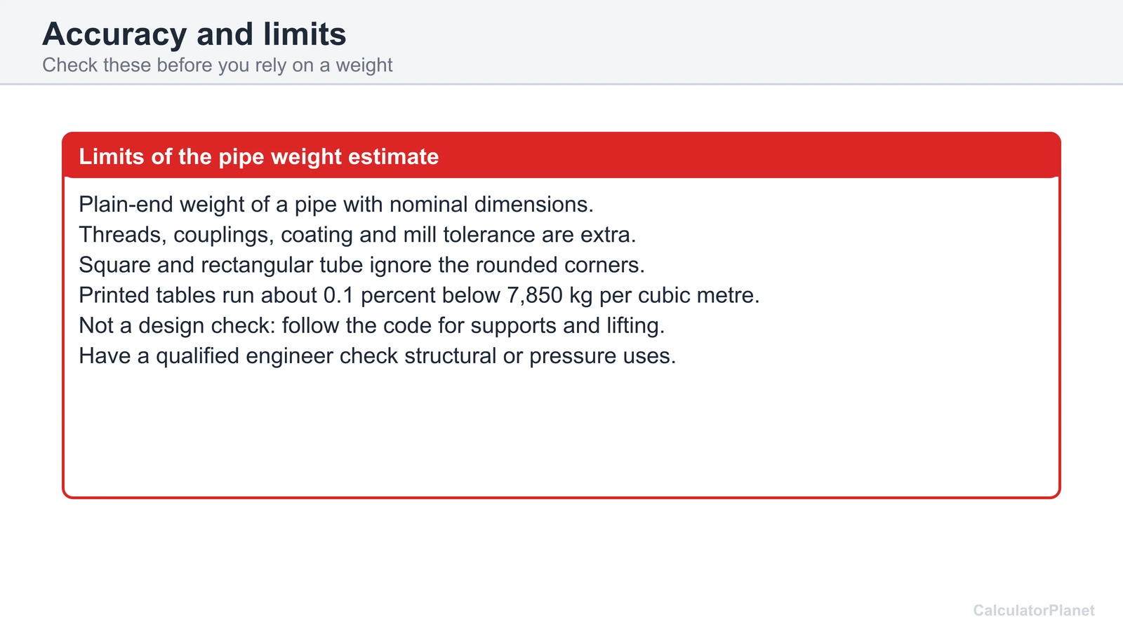 Limits of the pipe weight calculator: plain-end weight, rounded tube corners, tolerances and engineering checks
