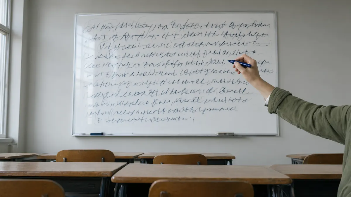 Teacher at a whiteboard filled with algebra working during a polynomial division lesson