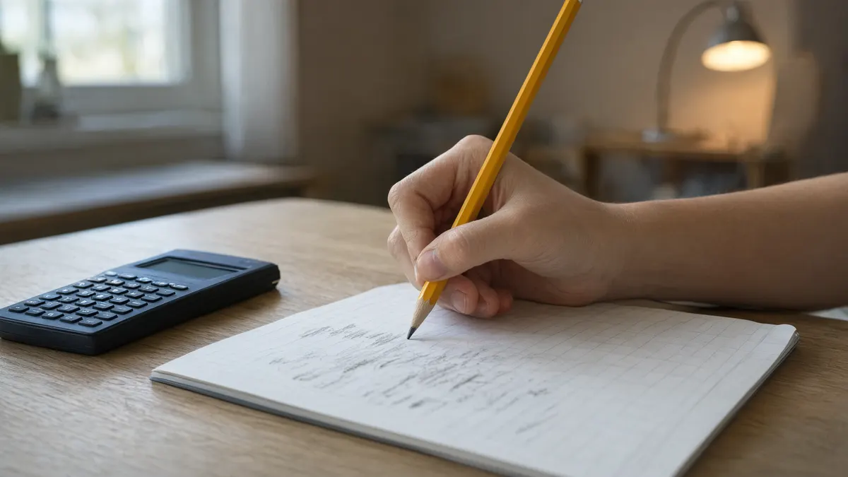 Student writing in a notebook with a pencil beside a calculator while practising polynomial long division
