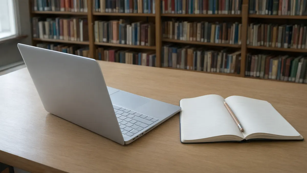 Laptop and open notebook with a pencil on a library table, set up for studying polynomial division