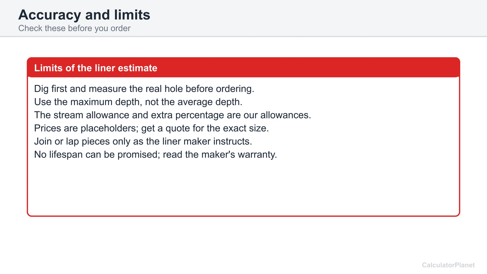 Limits of the pond liner calculator: measure the real hole, maximum depth, allowances, prices and warranty