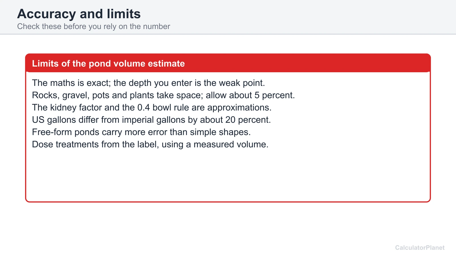 Limits of the pond volume calculator: depth, rocks, approximations, gallon type and free-form shapes