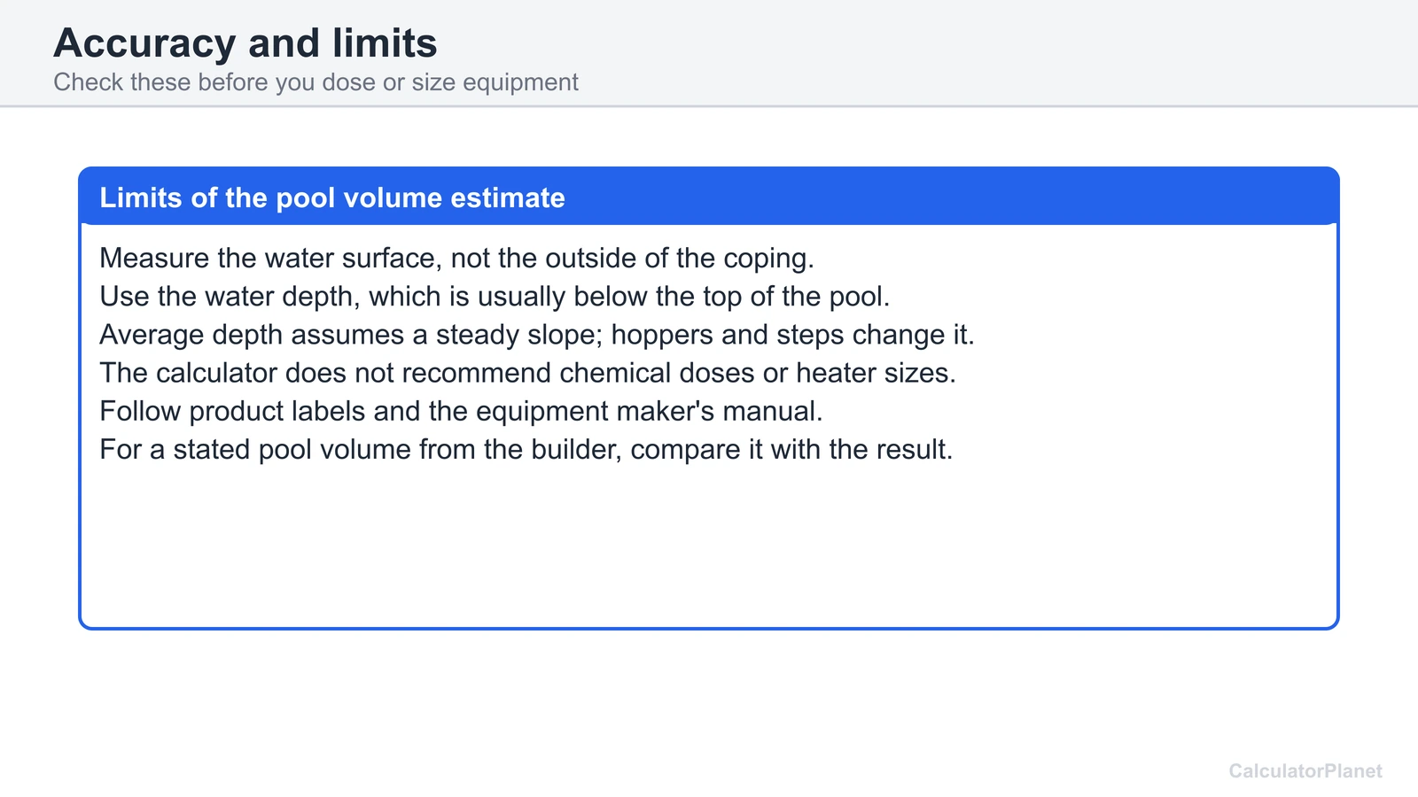 Limits of the pool volume calculator: measure the water surface, average depth assumption and no chemical doses
