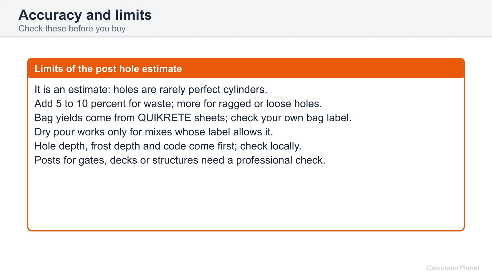 Limits of the post hole concrete estimate: waste, bag yield, dry pour rules, local code and professional checks