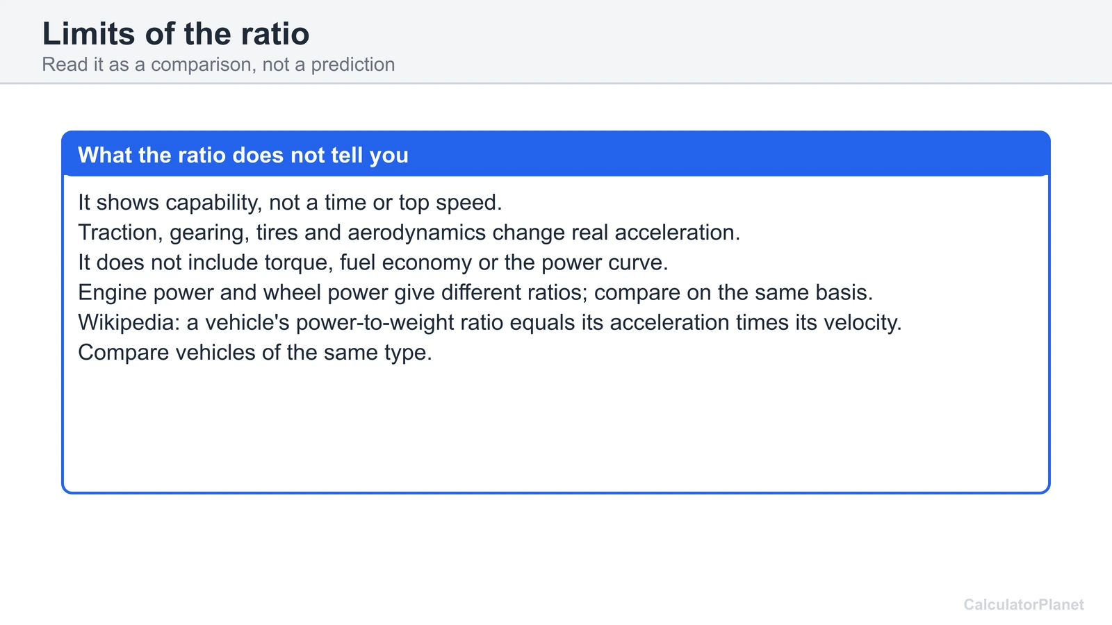 Diagram of what the power-to-weight ratio does not show: speed, traction, gearing and engine versus wheel power