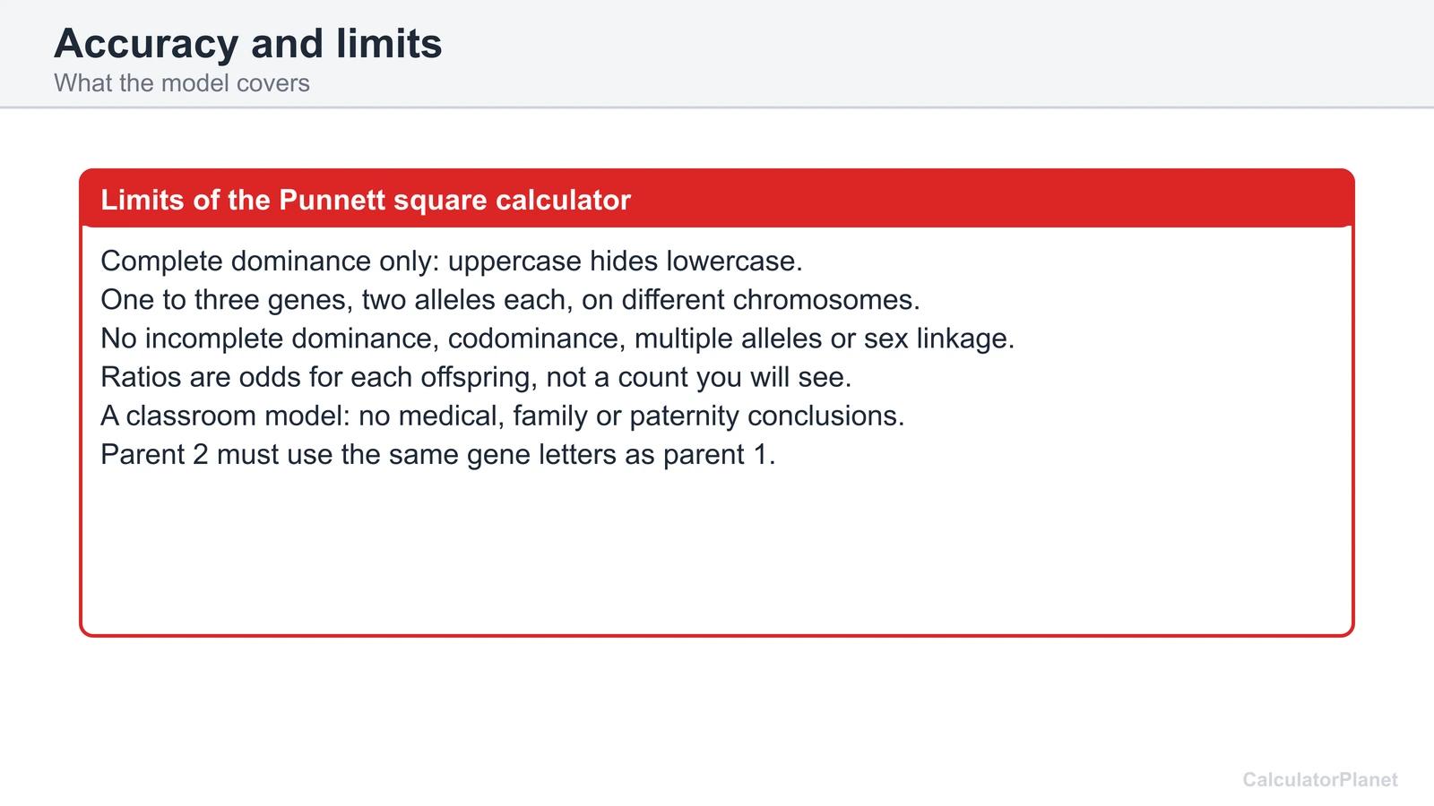 Limits of the Punnett square calculator: complete dominance, up to three genes, classroom model only