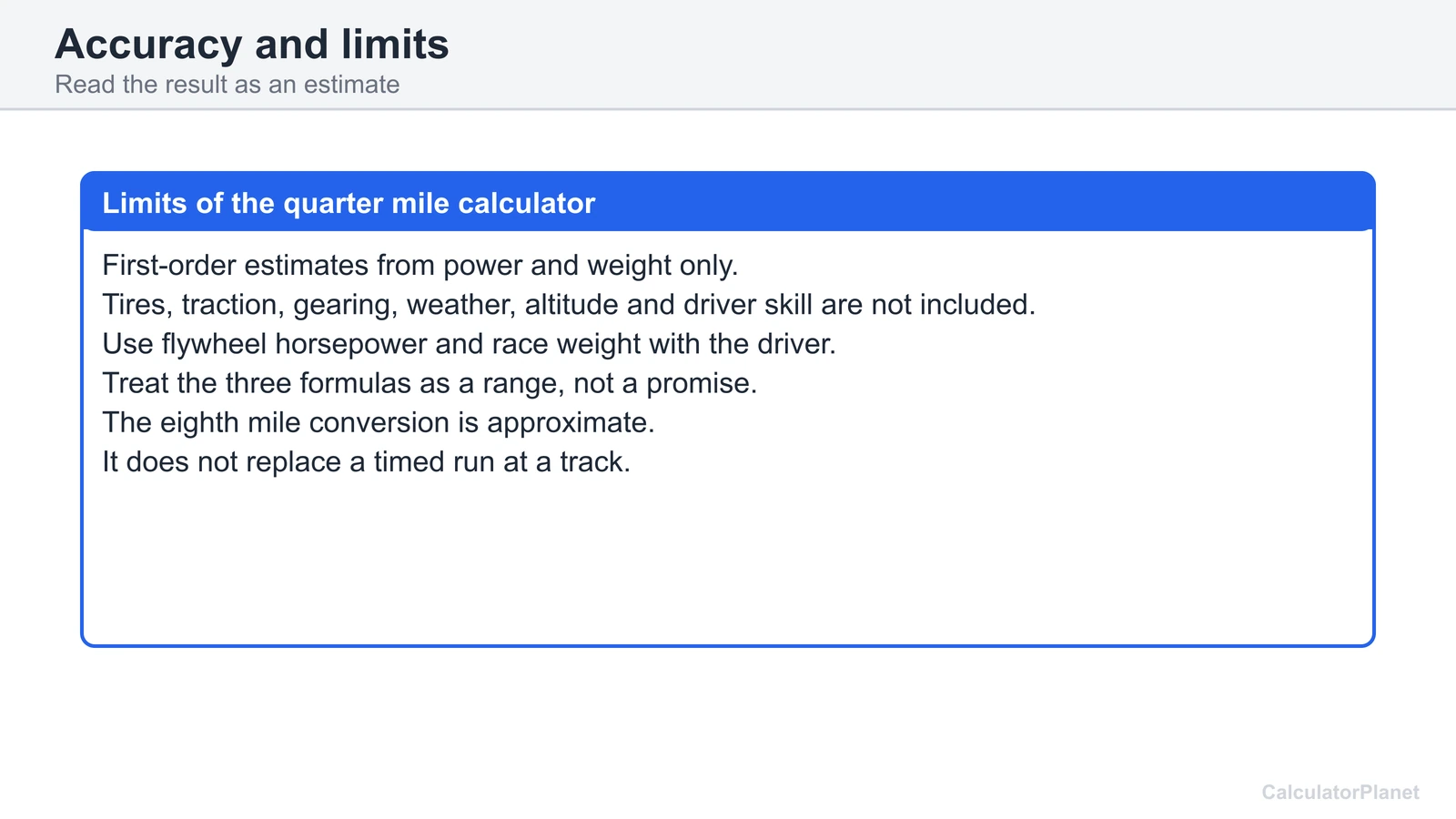 Limits of the quarter mile calculator: power and weight only, flywheel horsepower and an estimate not a promise
