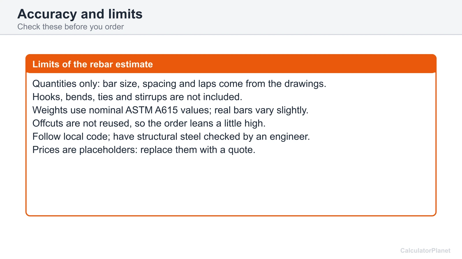 Limits of the rebar estimate: quantities only, no bends, nominal weights, offcuts, local code and professional check