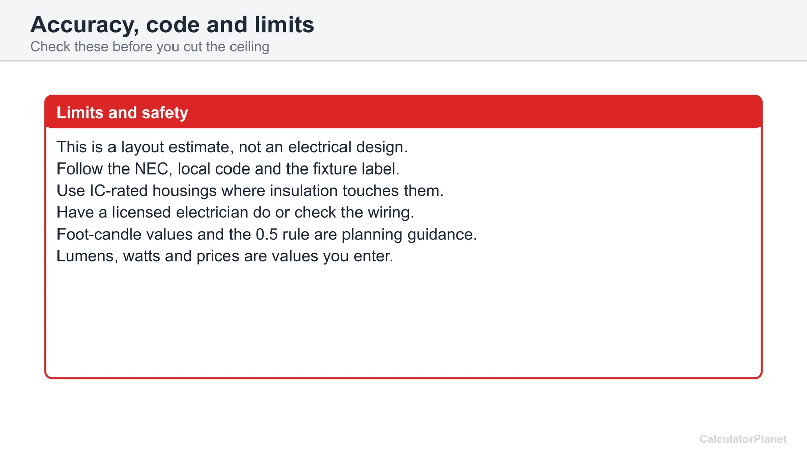 Limits of the recessed lighting calculator: estimate only, follow code, IC-rated housings and a licensed electrician