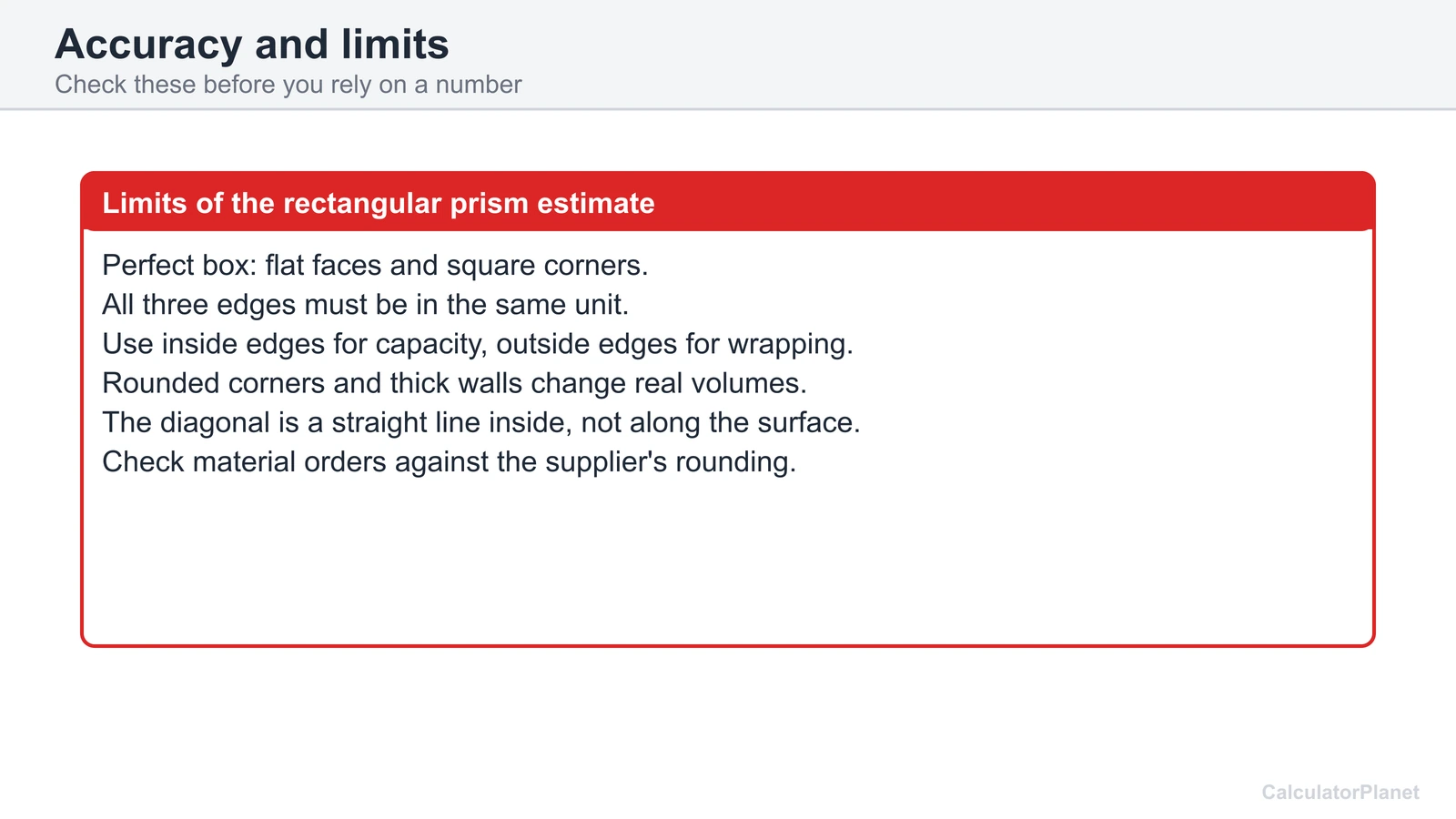 Limits of the rectangular prism calculator: perfect boxes only, same unit for all edges, inside edges for capacity