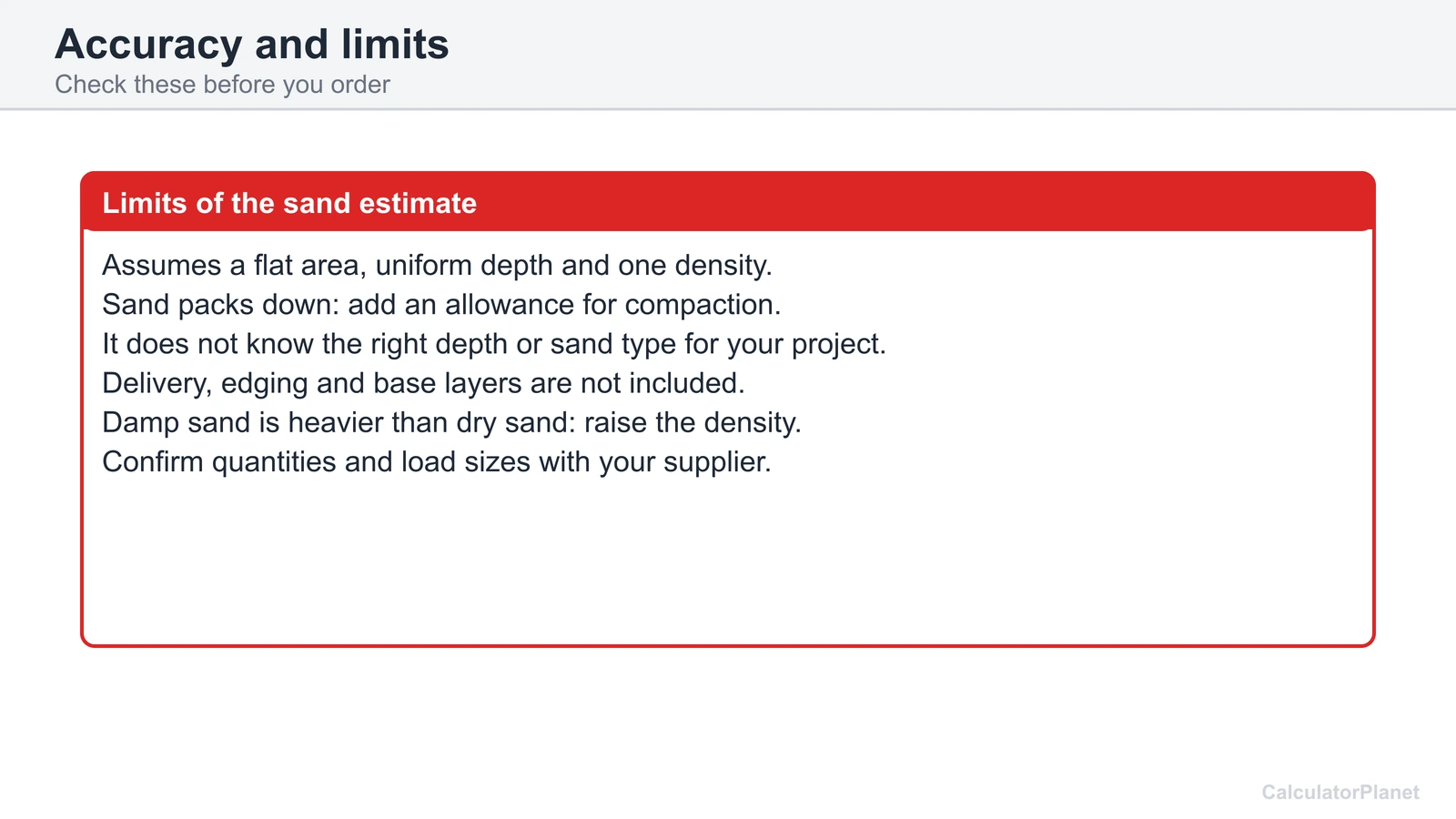 Limits of the sand calculator: compaction, damp sand weight and the depth set by your project