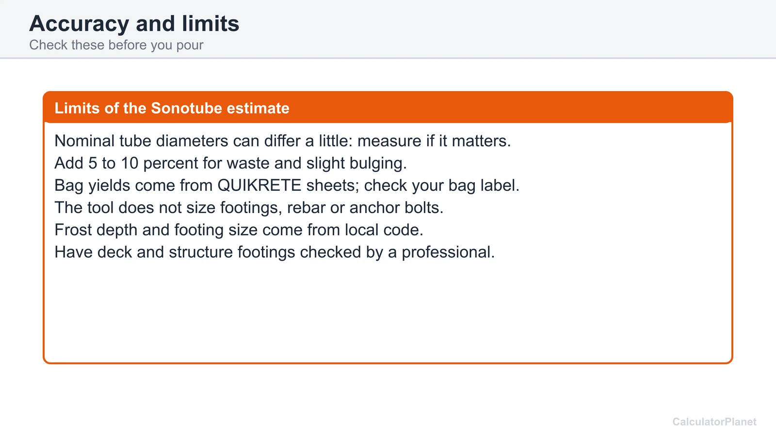 Limits of the Sonotube estimate: nominal sizes, waste, bag yields, no footing design and professional checks
