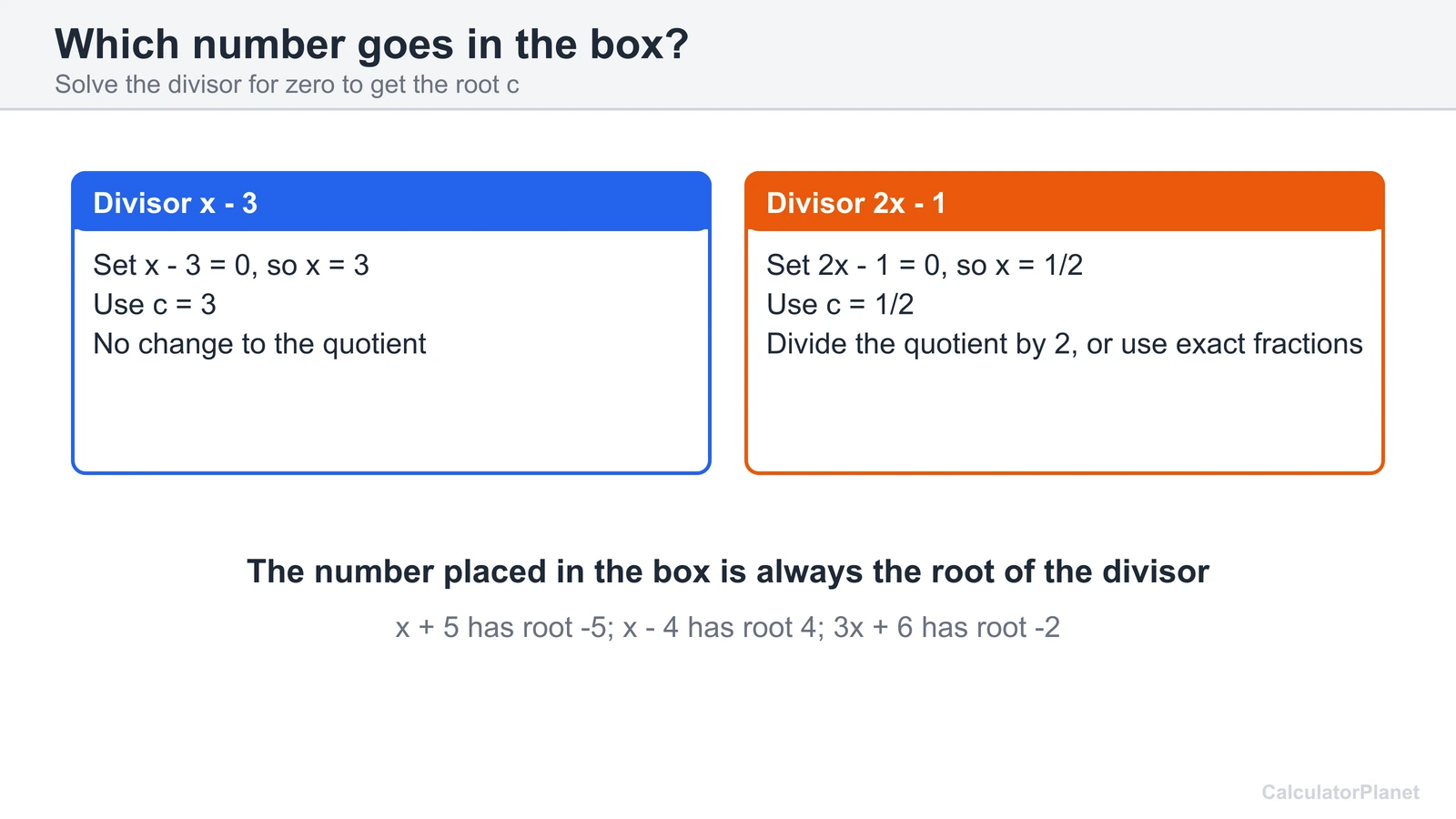 How to find the number for synthetic division from the divisor, with x minus 3 and 2x minus 1 as examples