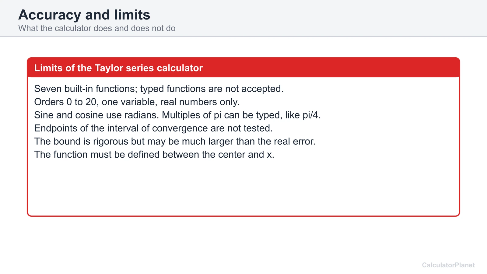 Limits of the Taylor series calculator: seven functions, orders to 20, radians, bound caveats