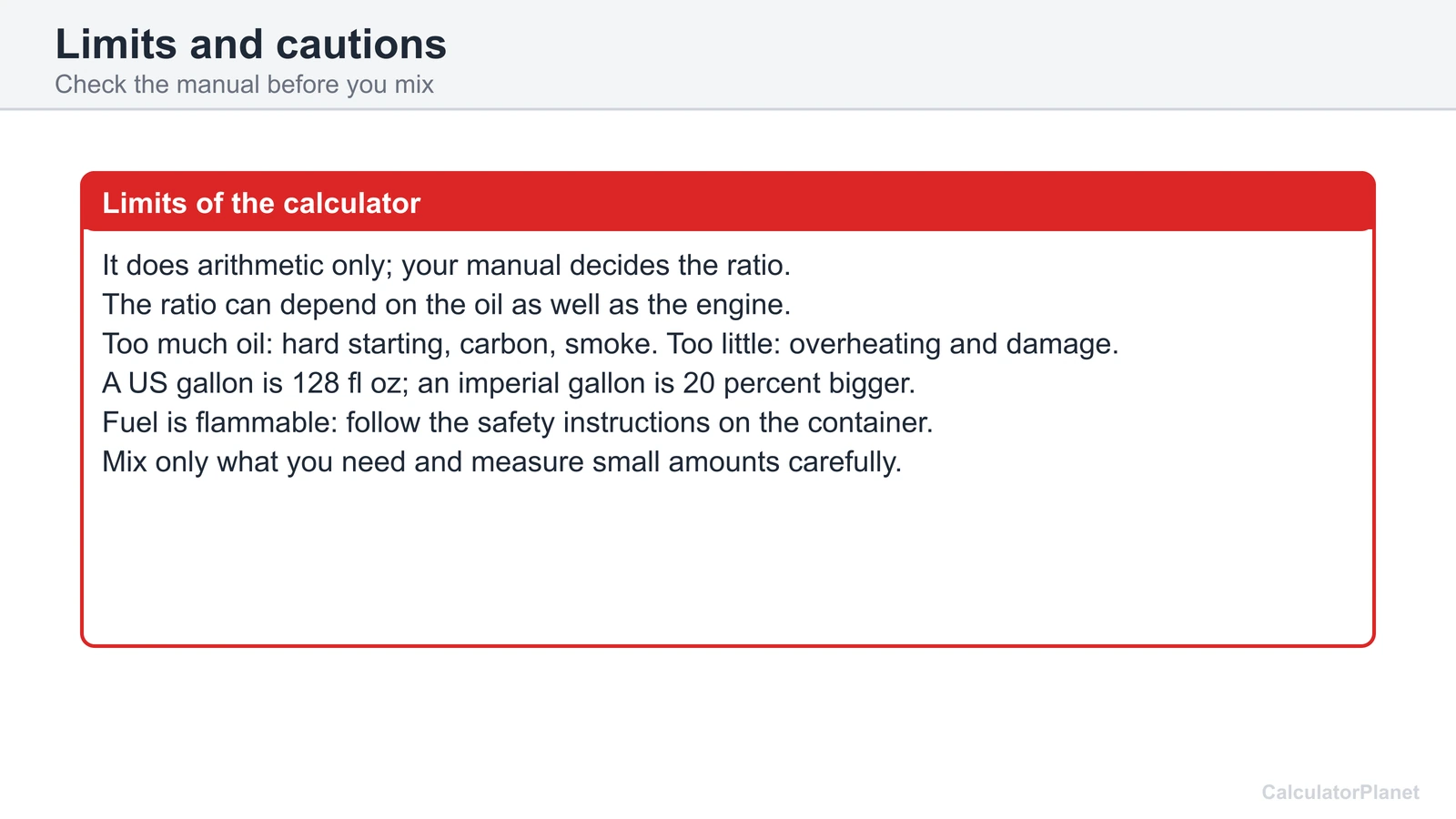Limits of the 2 stroke oil calculator: follow the manual, too much or too little oil, and fuel safety