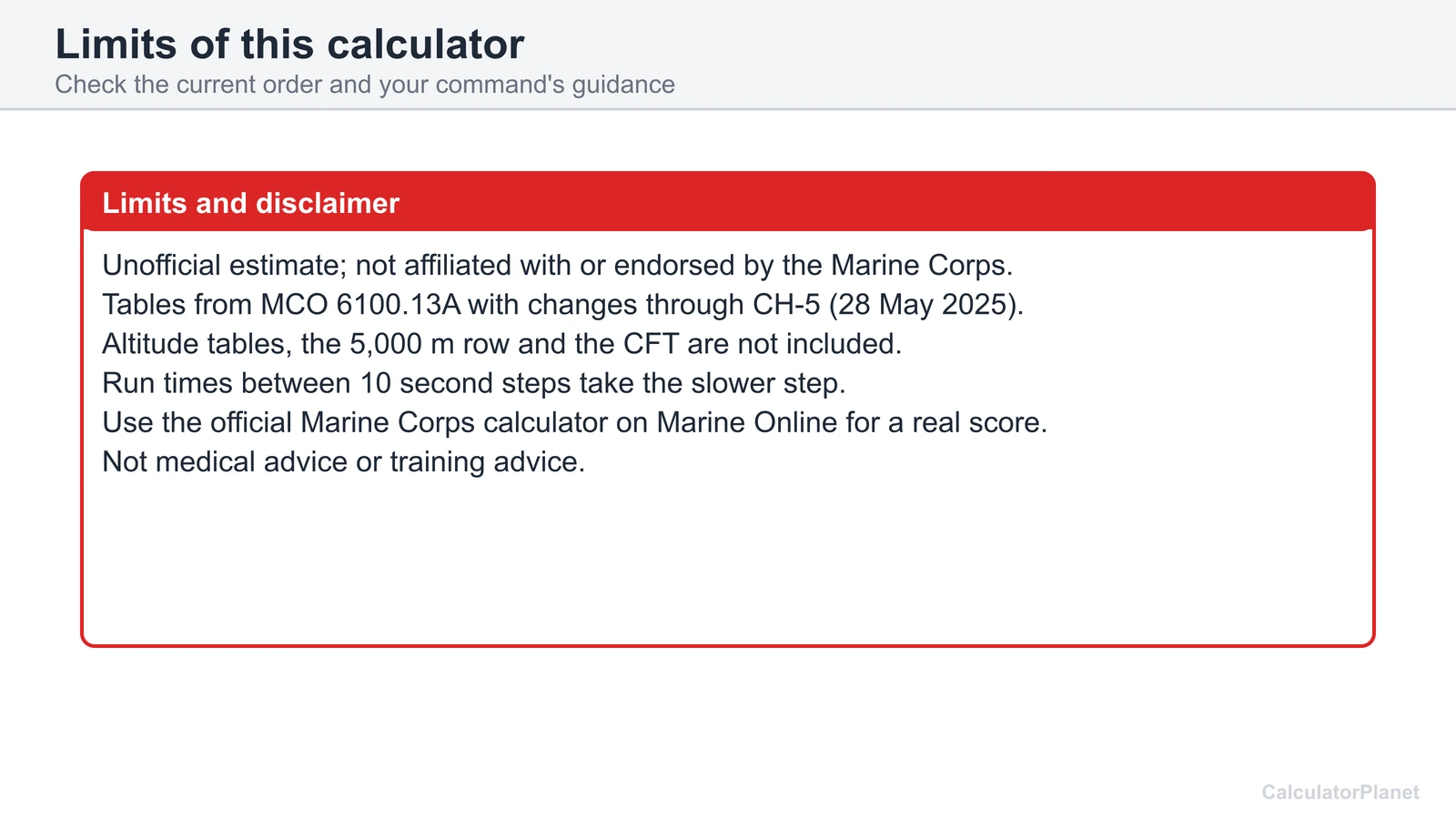 Limits of the USMC PFT calculator: unofficial estimate, CH-5 tables and no altitude, row or CFT scoring