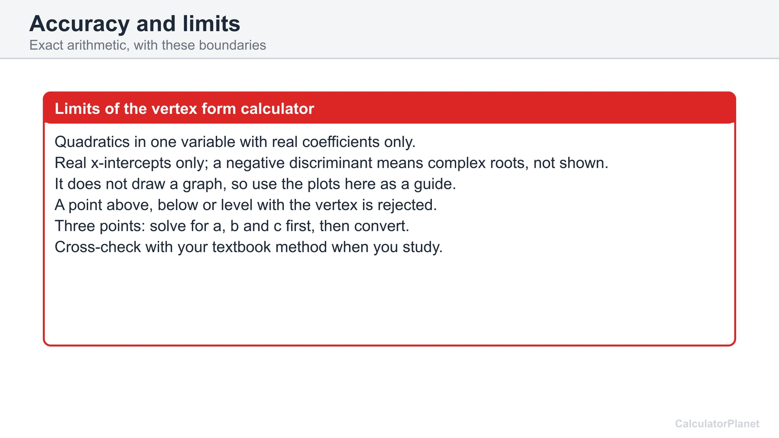 Limits of the vertex form calculator: real coefficients, real intercepts, no graph, point rules