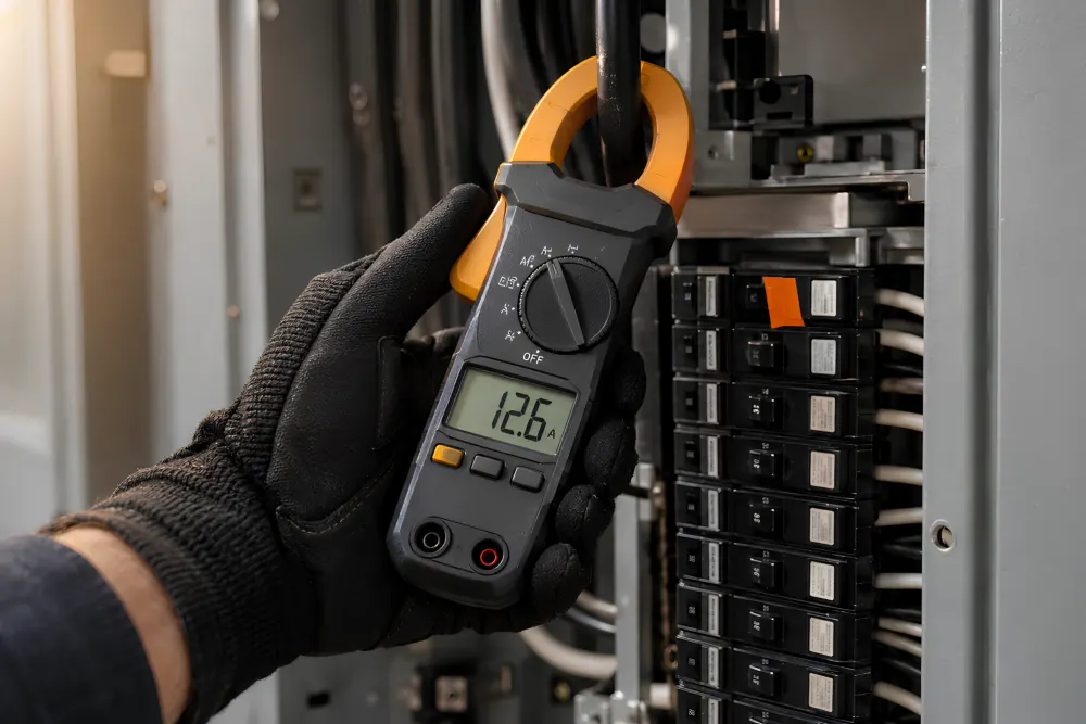 A gloved hand holding a clamp meter reading 12.6 amps on a wire inside an open breaker panel